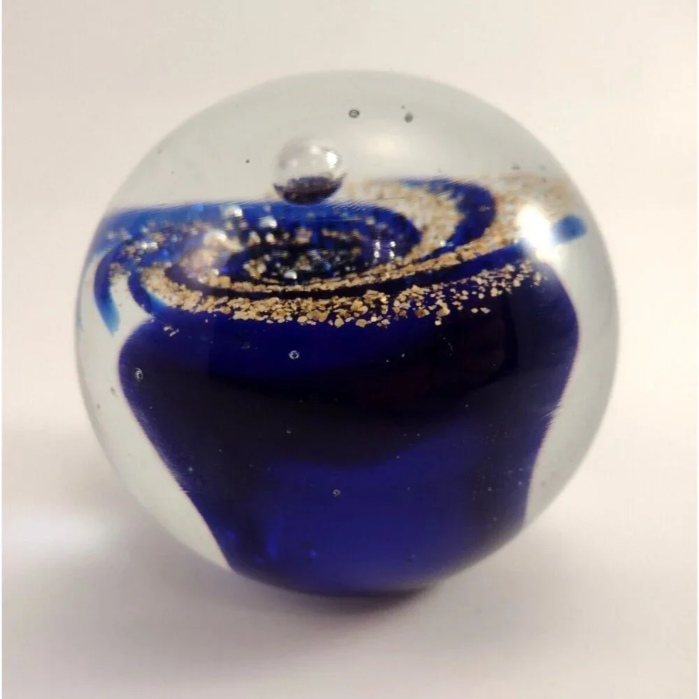 West Elm Blue Gold Large Galaxy Crystal Glass Paperweight Space Universe Retired